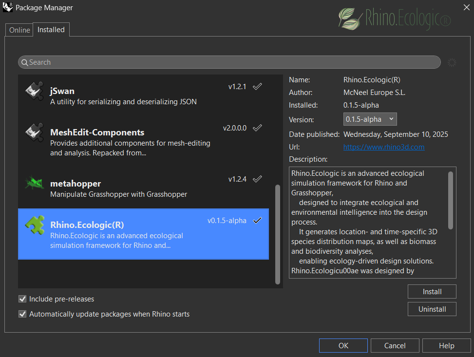 Rhino.Ecologic listed in the Rhino Package Manager